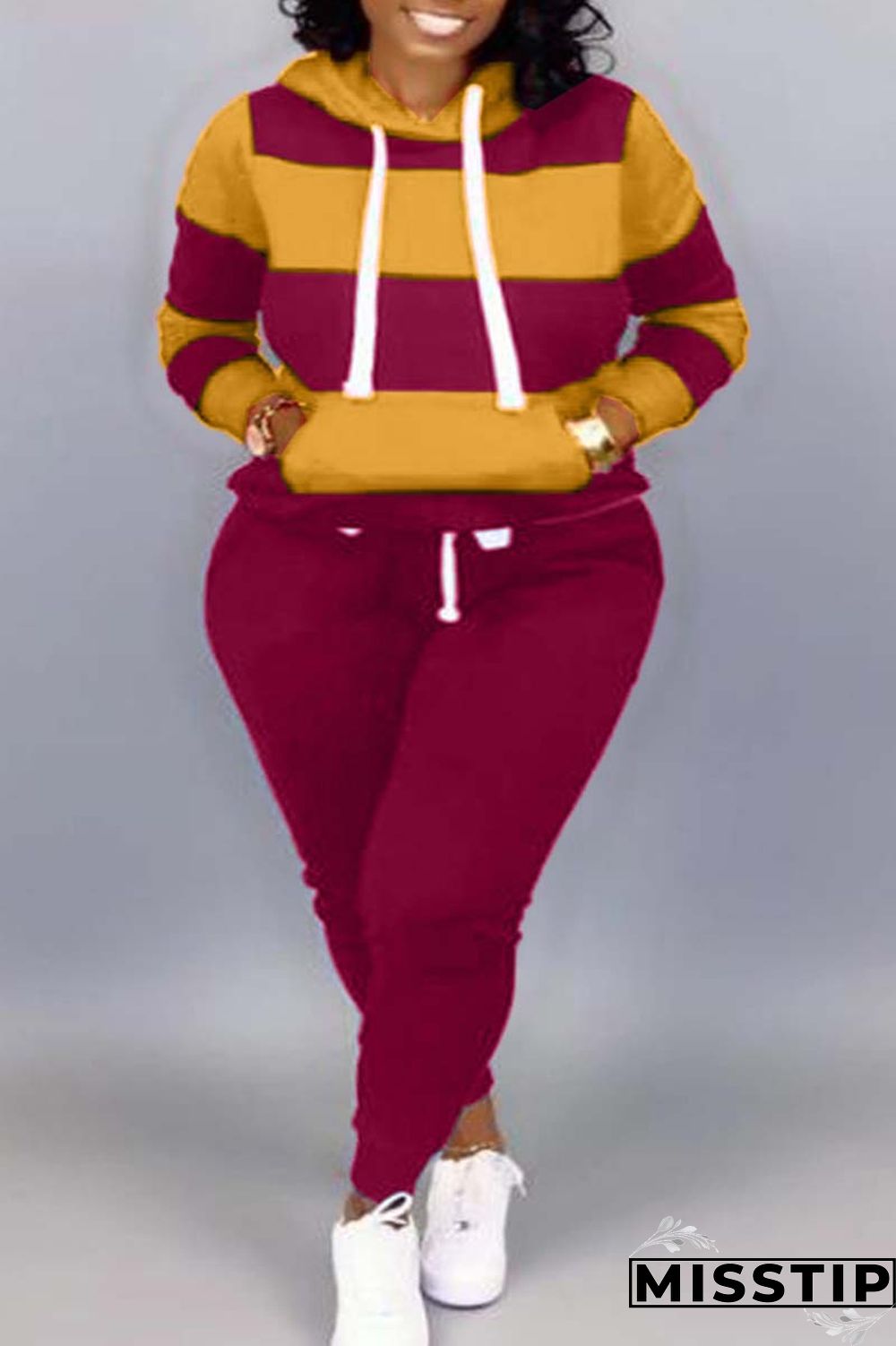 Plus Size Rose Red Casual Striped Patchwork Contrast Hooded Collar Two Pieces