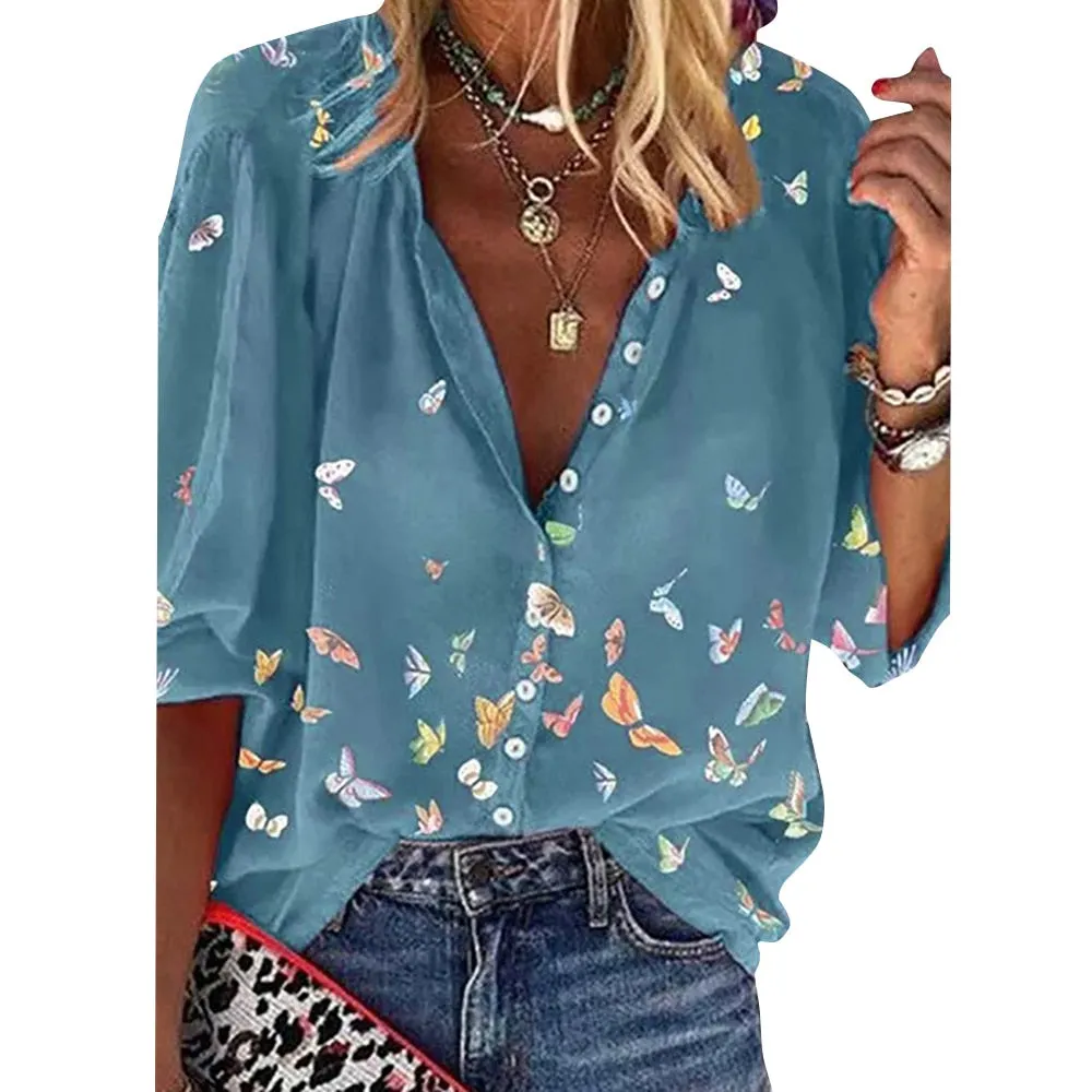 Summer Sexy T-shirt Butterfly Print Half Sleeve Shirt Women Casual Button Shirt Fashion Loose T-shirt Office Ladies Tops D30