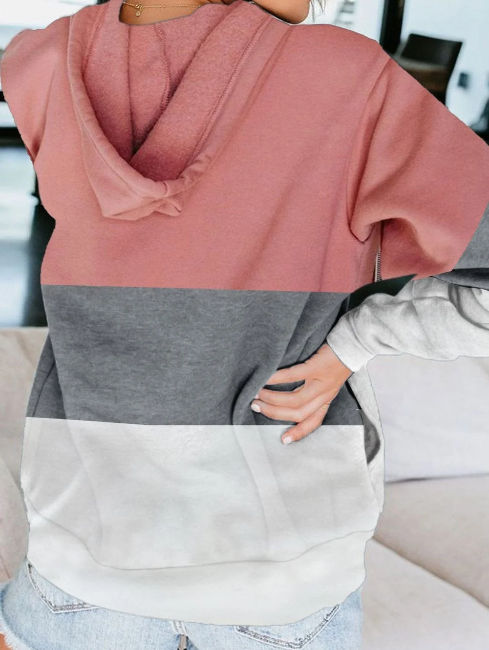 Womens Color Block Hoodie Zipper Lace Hooded Sweatshirt