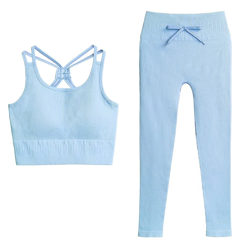 SVOKOR Sport Two Piece Sets Women Gym Tracksuits Workout 2Pcs Sexy Running Leggings Cycling Shorts Fitness Vest Short Crop Tops