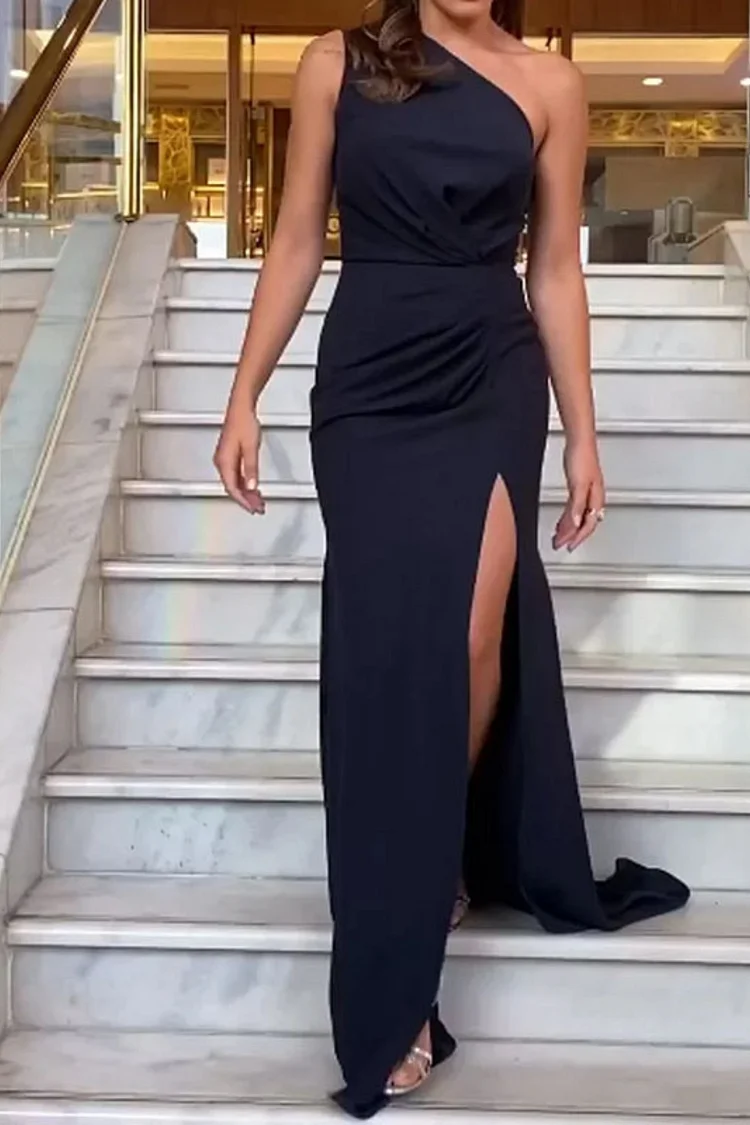Women's Solid Color Fashion Sexy Angled Shoulder Slit Party Bodycon Maxi Dress