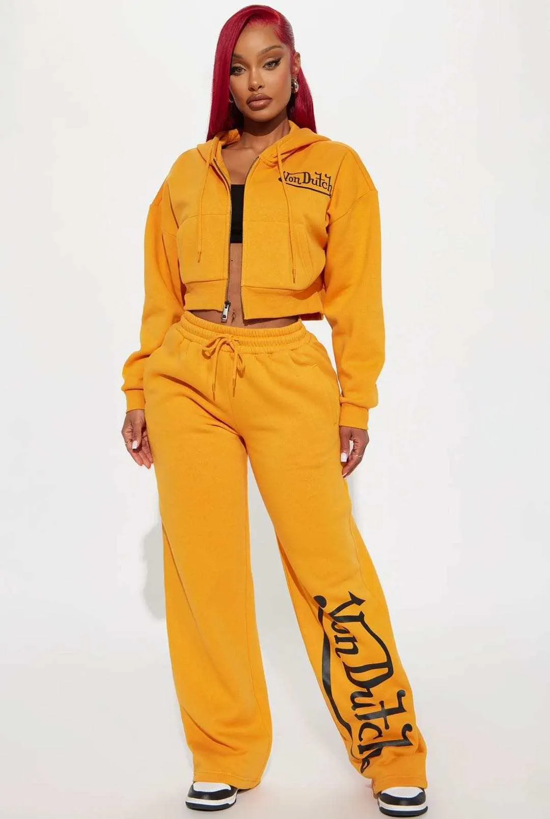 Women's Print Cropped Zip Hoodie & Wide Leg Sweatpants Two-piece Tracksuit