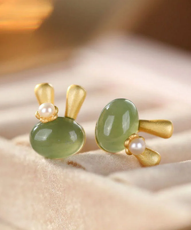 Boutique Cyan Sterling Silver Overgild Jade Resin Little Rabbit Stud Earrings