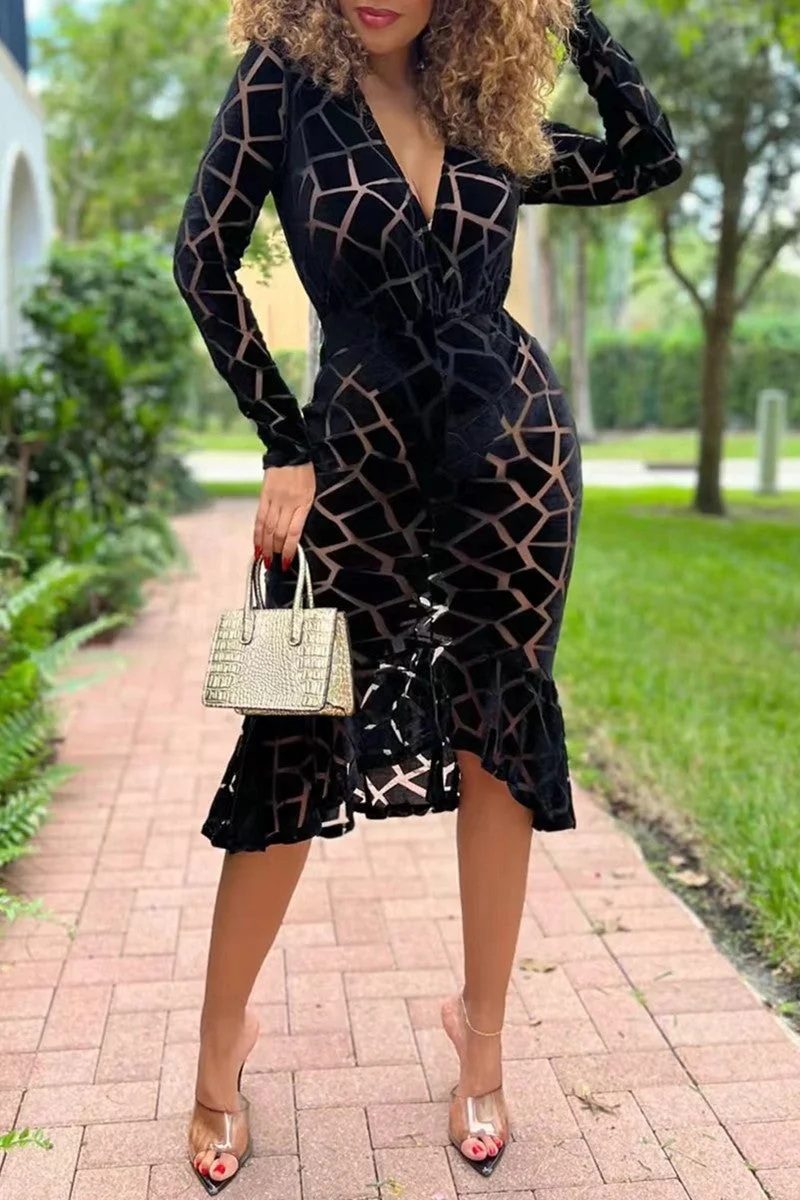 Sexy Casual Solid Patchwork V Neck Long Sleeve Dresses