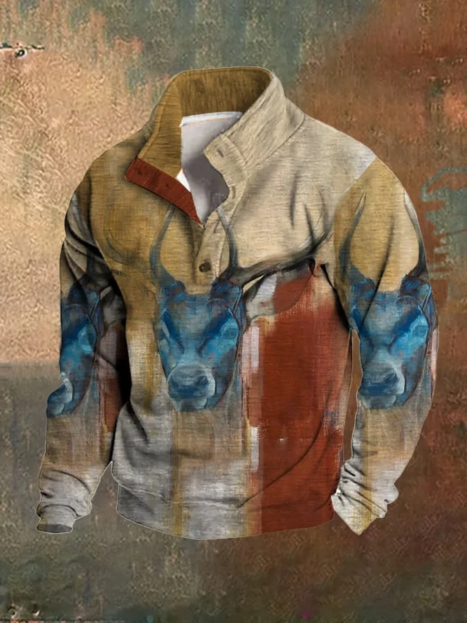Men's Fleece Retro Abstract Deer Print Stand Collar Sweatshirt