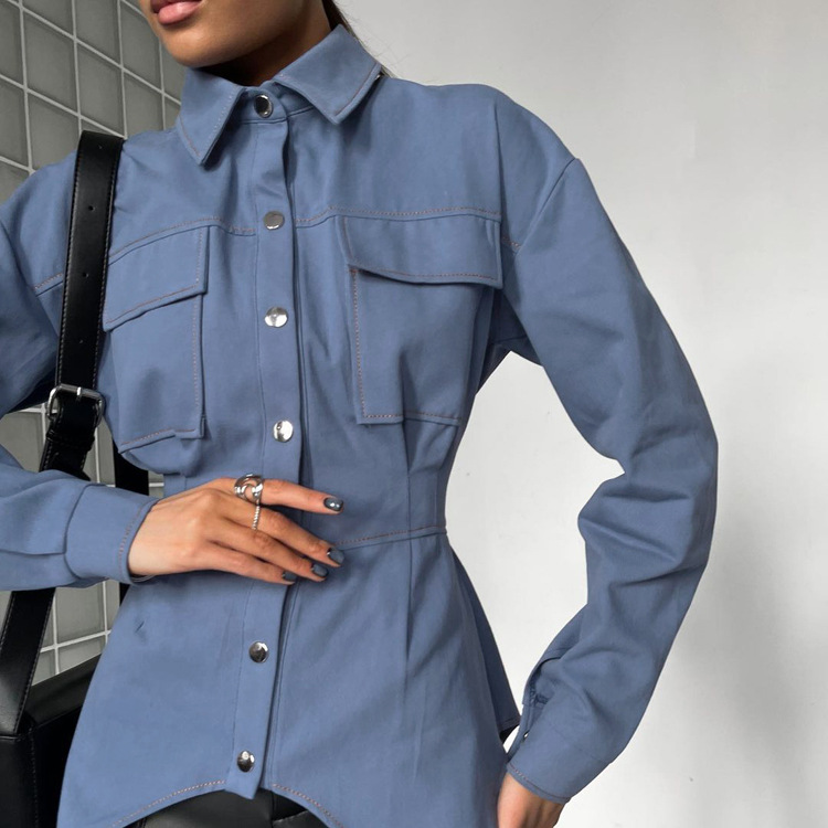 Ootddress Lapel Patchwork Fashion Shirts For Women Slim Long Sleeve Pocket High Waist Autumn 2025 Cardigan Vintage Shirts Streetwear