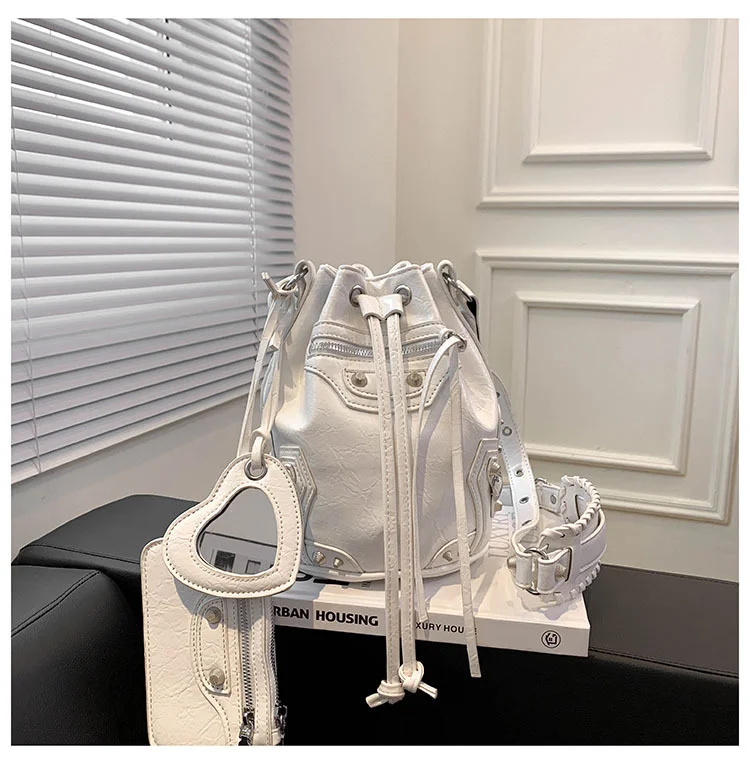 Vintage Rivets Paneled PU Solid Bucket Bag