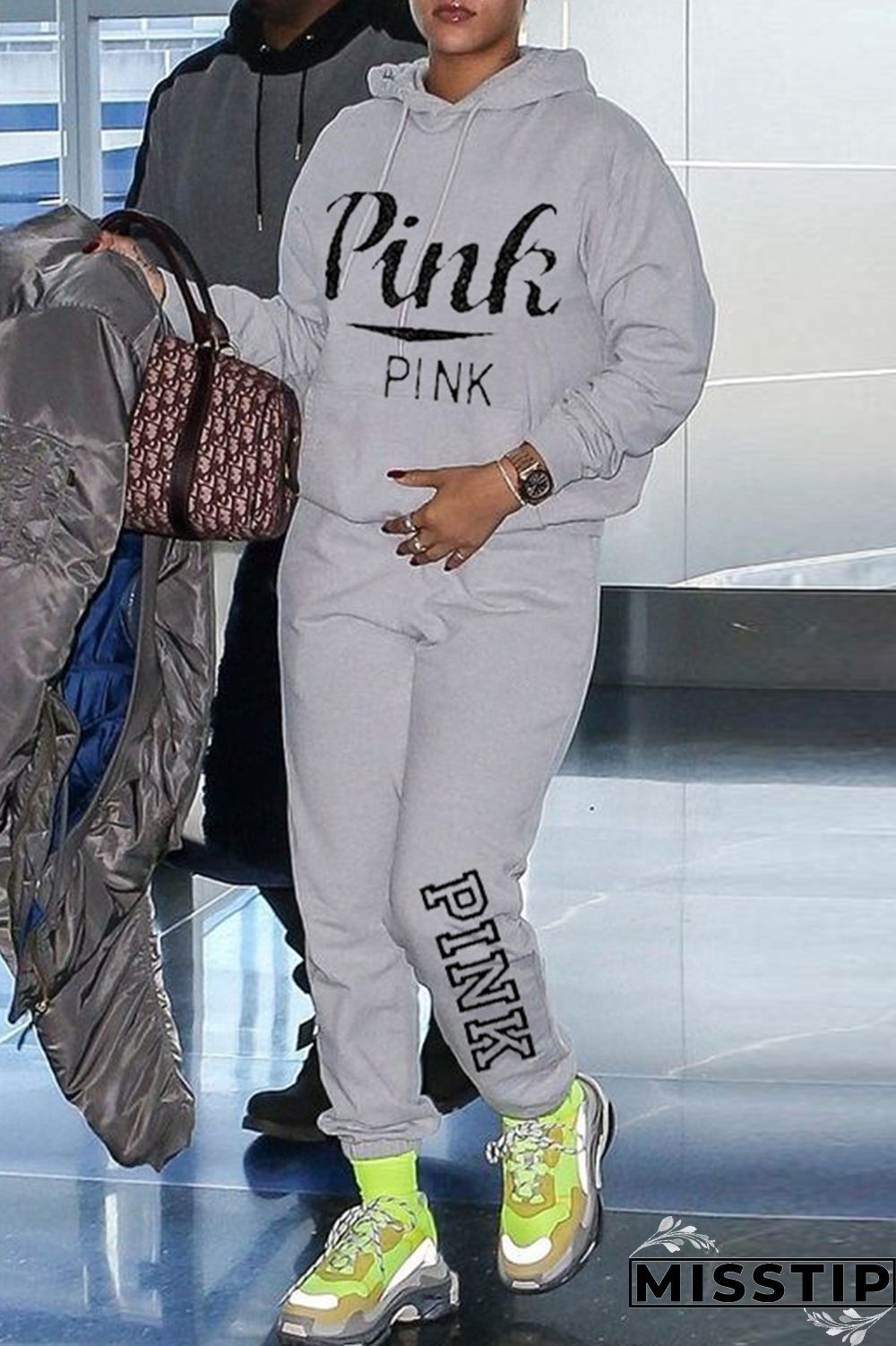 Black Fashion Casual Letter Print Basic Hooded Collar Long Sleeve Two Pieces