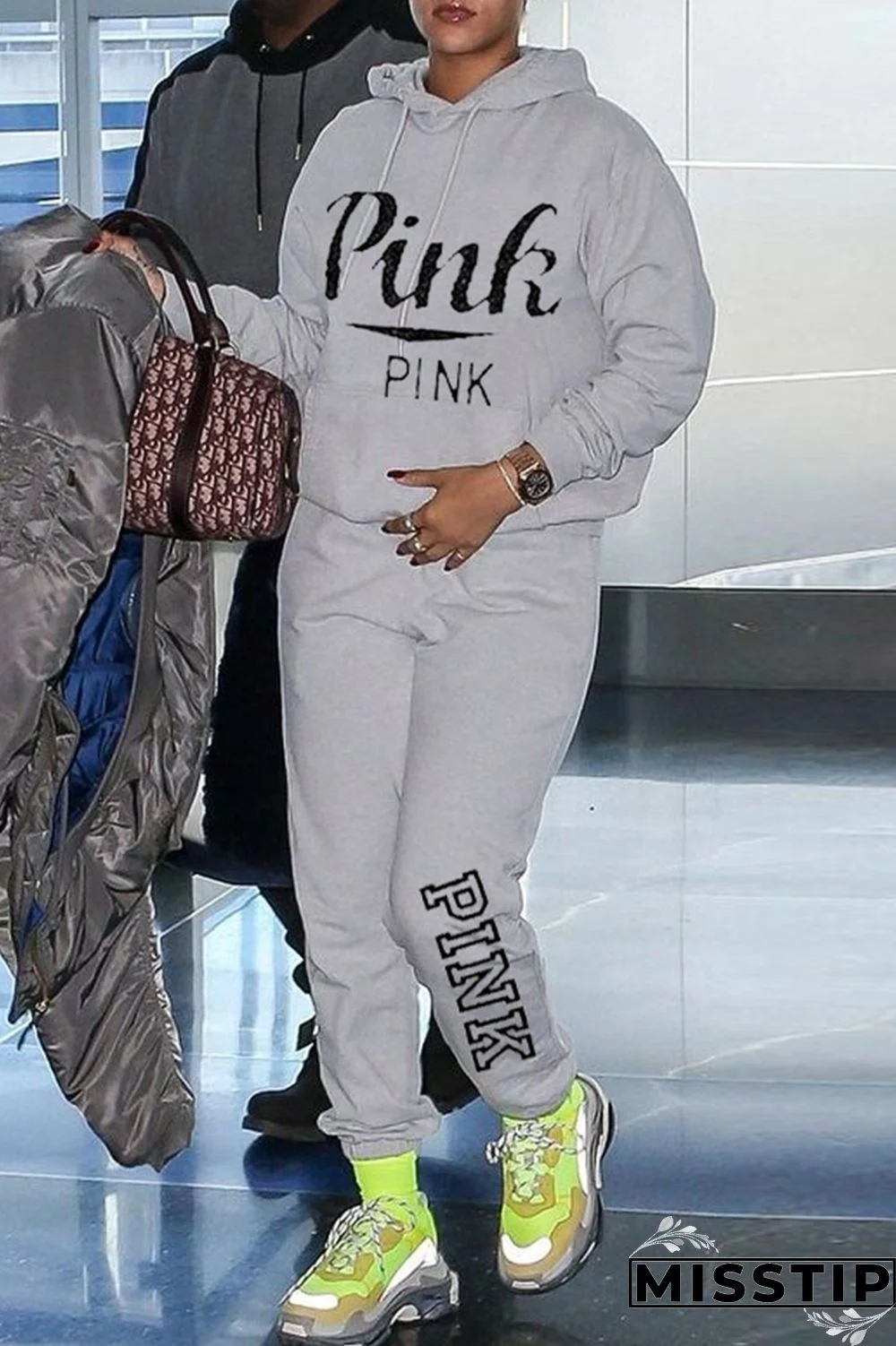 Black Fashion Casual Letter Print Basic Hooded Collar Long Sleeve Two Pieces