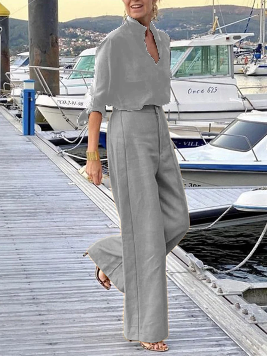 Elegant Solid Color V Neck Half Sleeve Top With Pants Set