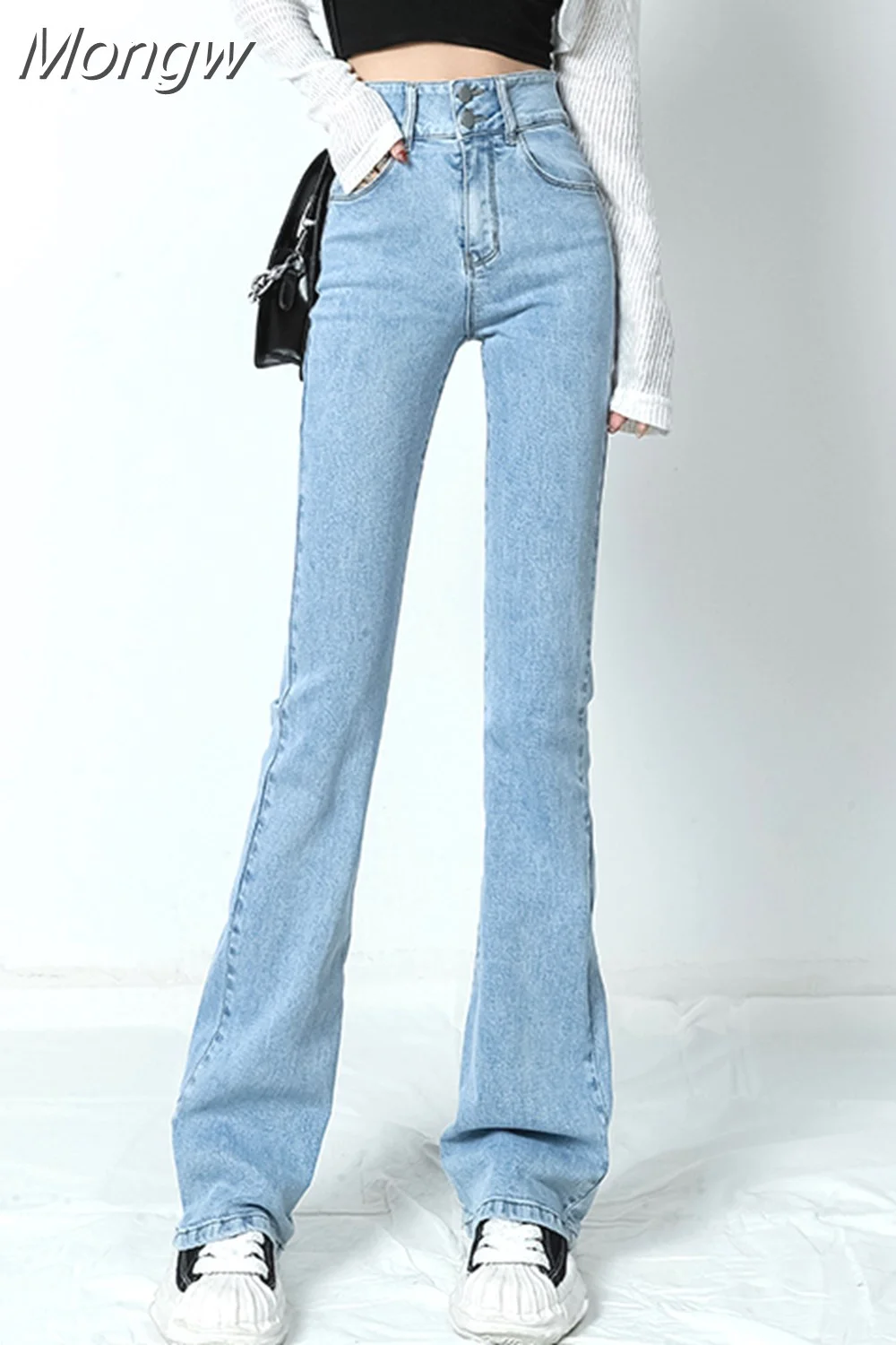 Mongw 2023 New Flared Jeans Women Sexy Hip Lift High Waist Stretch Denim Pencil Pants Washed Slim Skinny Y2K Female Trousers