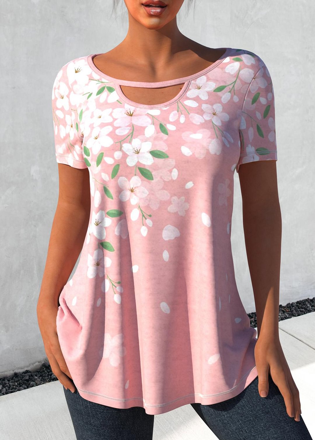 Floral Print Pink Cutout Short Sleeve T Shirt