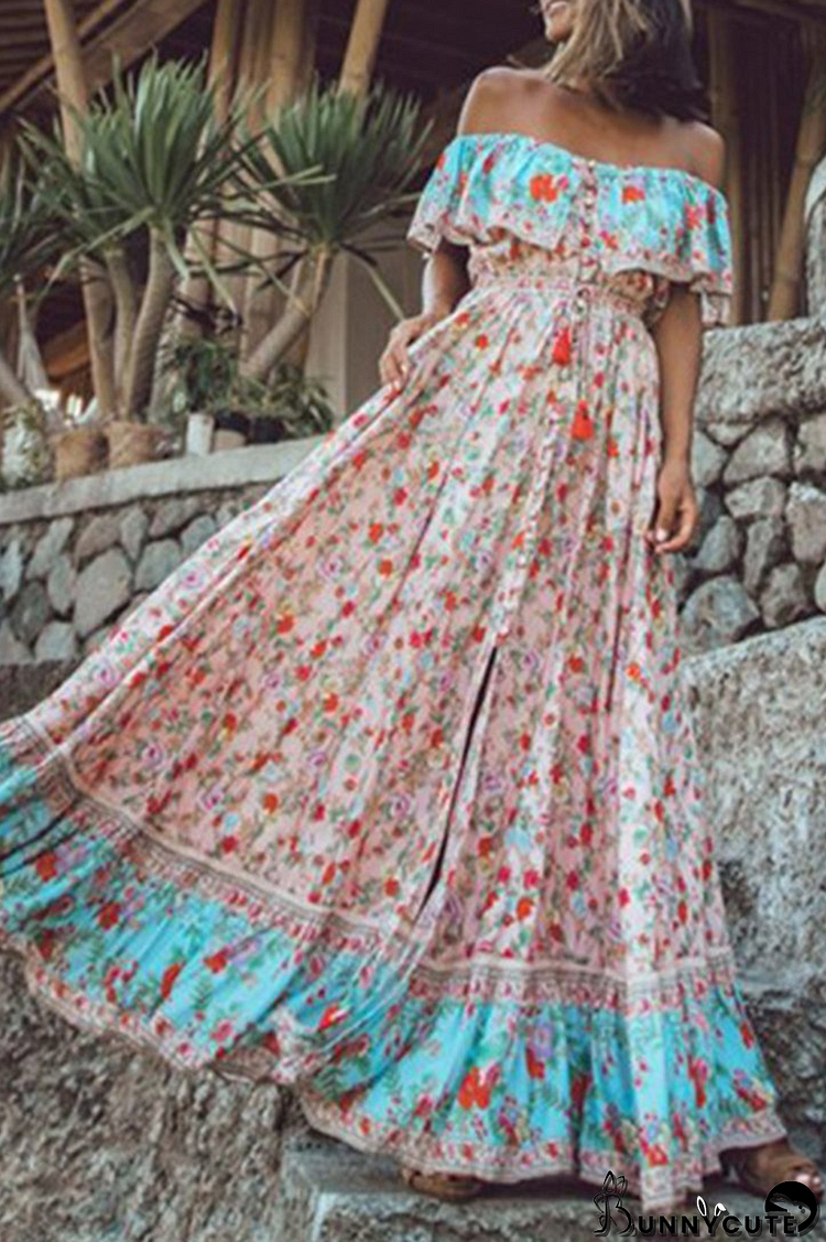 Casual Sweet Floral Flounce Off the Shoulder Dresses