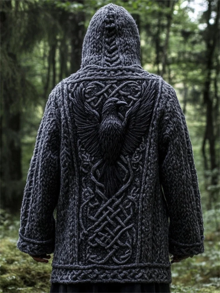 Men's Viking Raven Celtic Jacquard Cozy Chunky Hooded Cardigan
