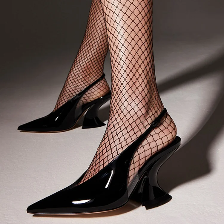 Women's Black Spool Heel Shoes Pointy Toe Slingback Pumps Evening Patent Heels |FSJ Shoes