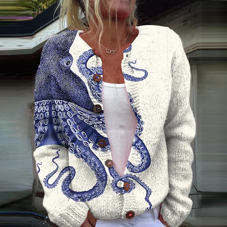 Japanese Art Octopus Print Knitted Cardigan