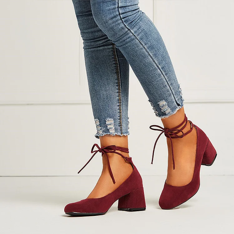Burgundy Round Toe Block Heels Ankle Strap Shoes Suede Heel |FSJ Shoes