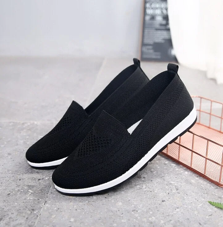 Knitted Fabric Loafers for Women, Mothers Shoes, Casual Sneakers for Spring and Summer, Flat Heels, Breathable Flat Shoes