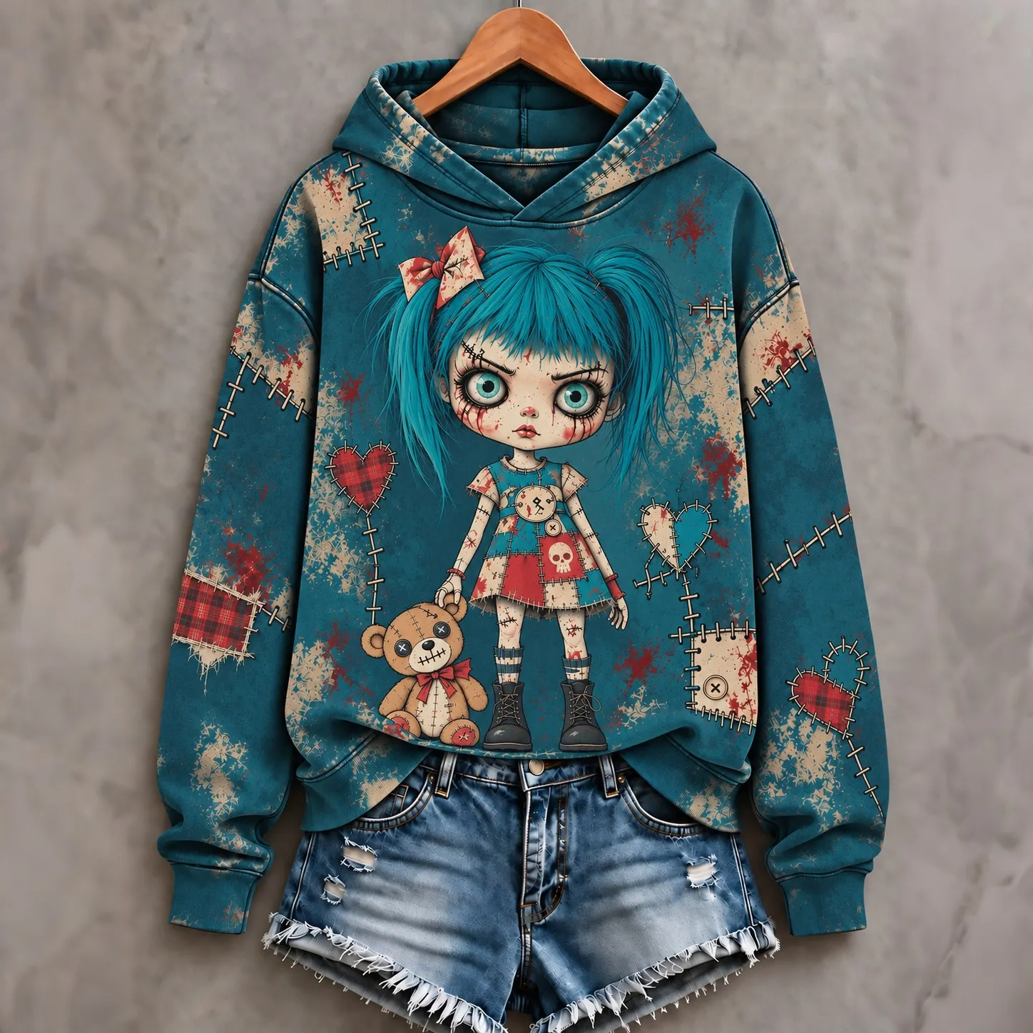 Comstylish Women's Halloween Patchwork Doll Art Print Hoodie