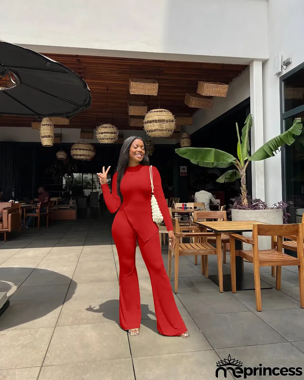Solid Split Long Sleeve Top Flared Pants 2 Piece Sets