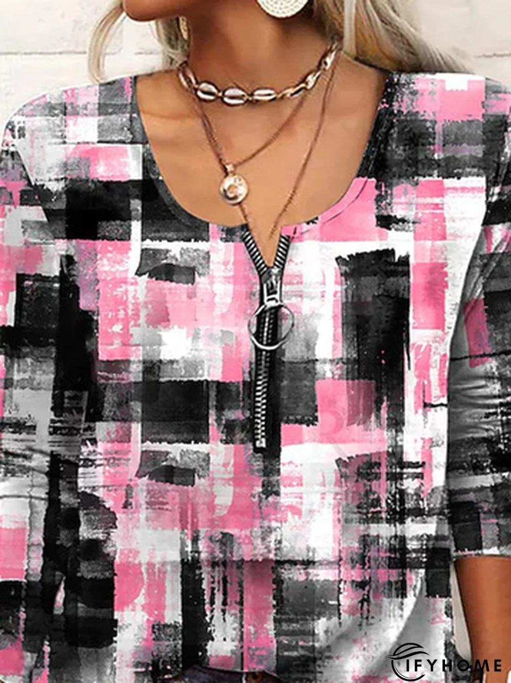 Abstract Color Block Long Sleeve Zipper Notched Casual T-Shirt | IFYHOME