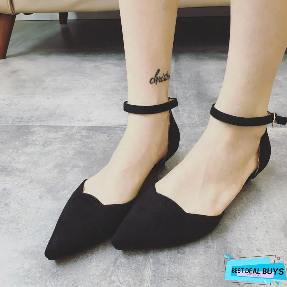 Women Buckle Strap Low Heels Pumps Pointed Toe Flock Heels Flats Shoes