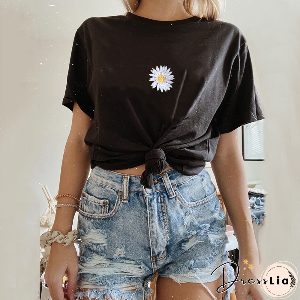 Short Sleeve Loose Embroidered Chrysanthemum T-Shirt