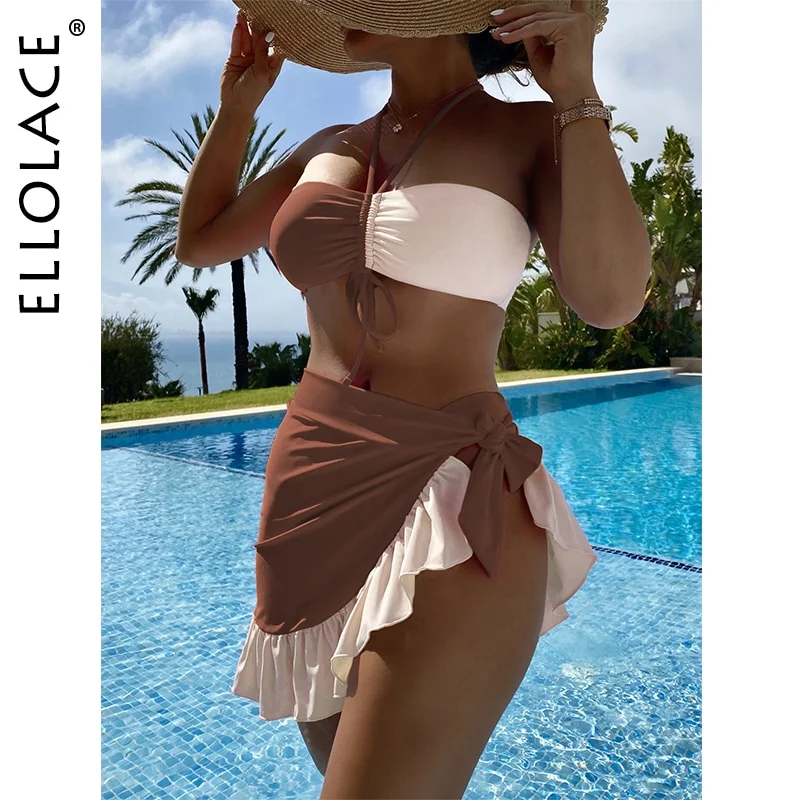 Billionm Contrast Color Bikini Women's Swimsuit With Cover-Ups Halter Bandeau Strapless Swimwear Summer 3-Piece Bathing Suits