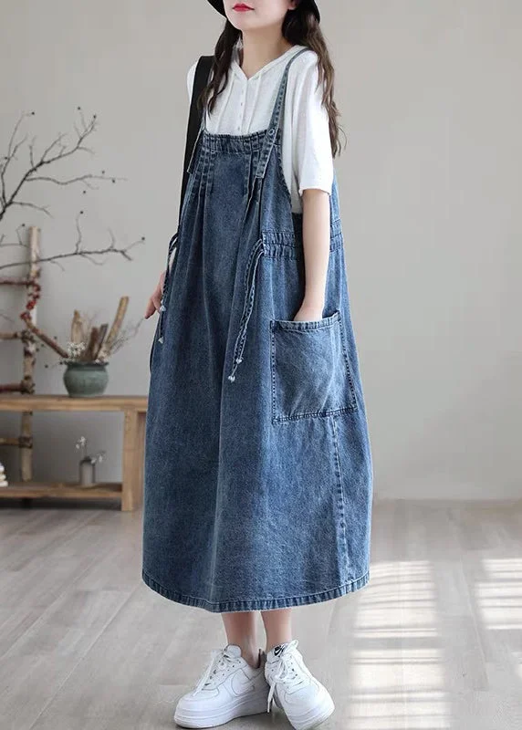 Plus Size Blue drawstring pocket Spaghetti Strap Cotton denim Dress