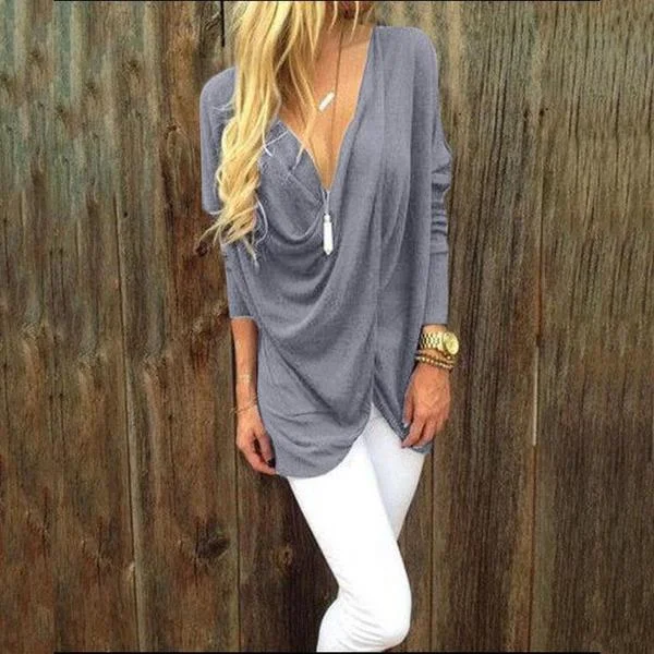 Solid Color Seven-Point Sleeve Deep V Neck T-shirts