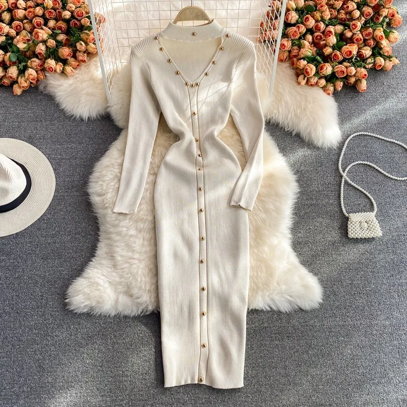Long Sleeve Halter Neck V-Neck Elastic Knitting Dress Autumn Winter Chic Bodycon Long Dress