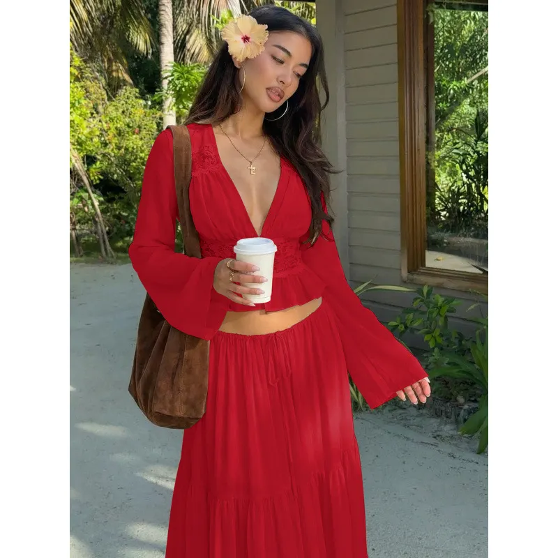 Women Matching Flowy Linen Look Lace Spliced V-Neck Long Sleeve Chiffon Tiered Skirt Two Piece Casual Daily Outfit Set