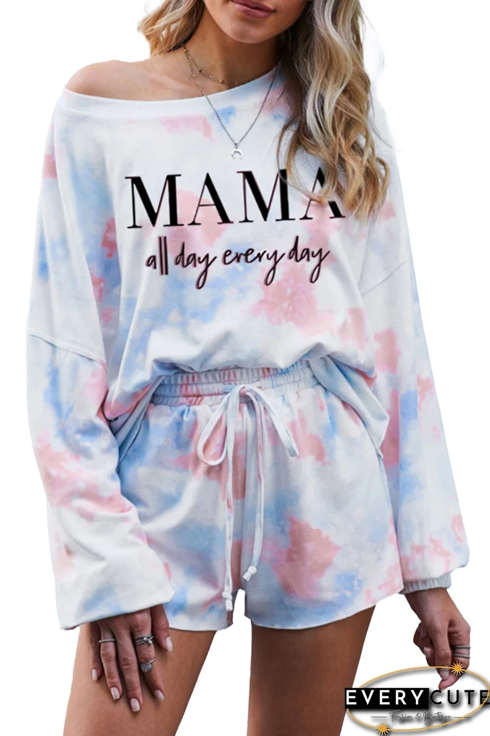 Orange MAMA all day every day Tie-dye Long Sleeve Lounge Set