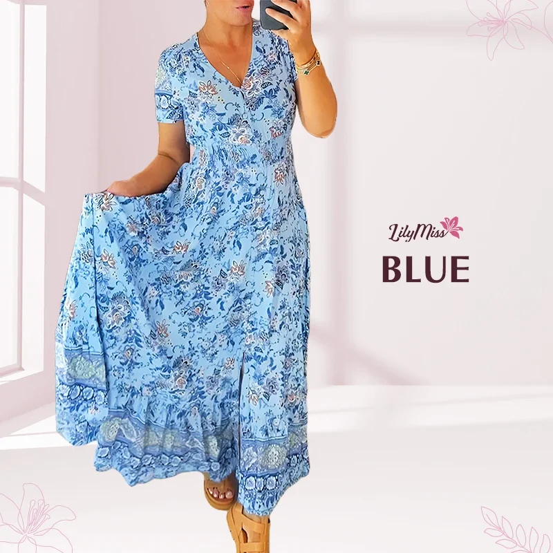 LilyMiss – Floral casual print V-neck shirred waist long dress – Hot Sale 50% Off