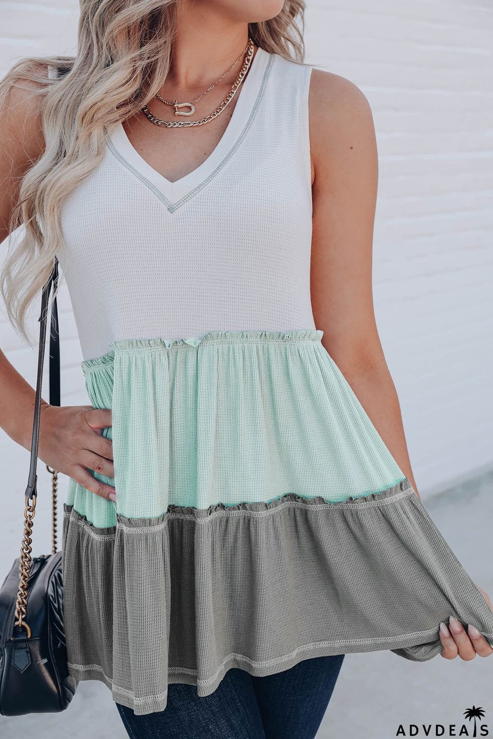 Ruffled V Neck Color Block Tank Top