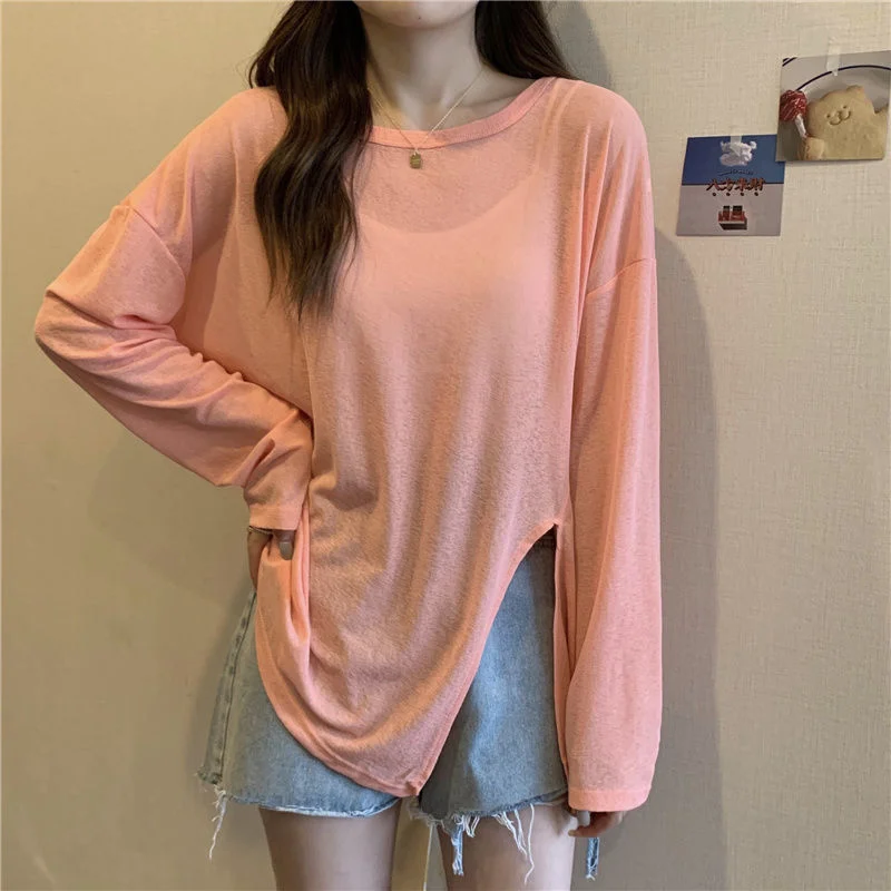 Uveng Uveng Fork Sunscreen Long-Sleeved T-Shirt For Women 2023 New Solid-Color Top Loose Air-Conditioning Hooded Summer Bottoming Shirt