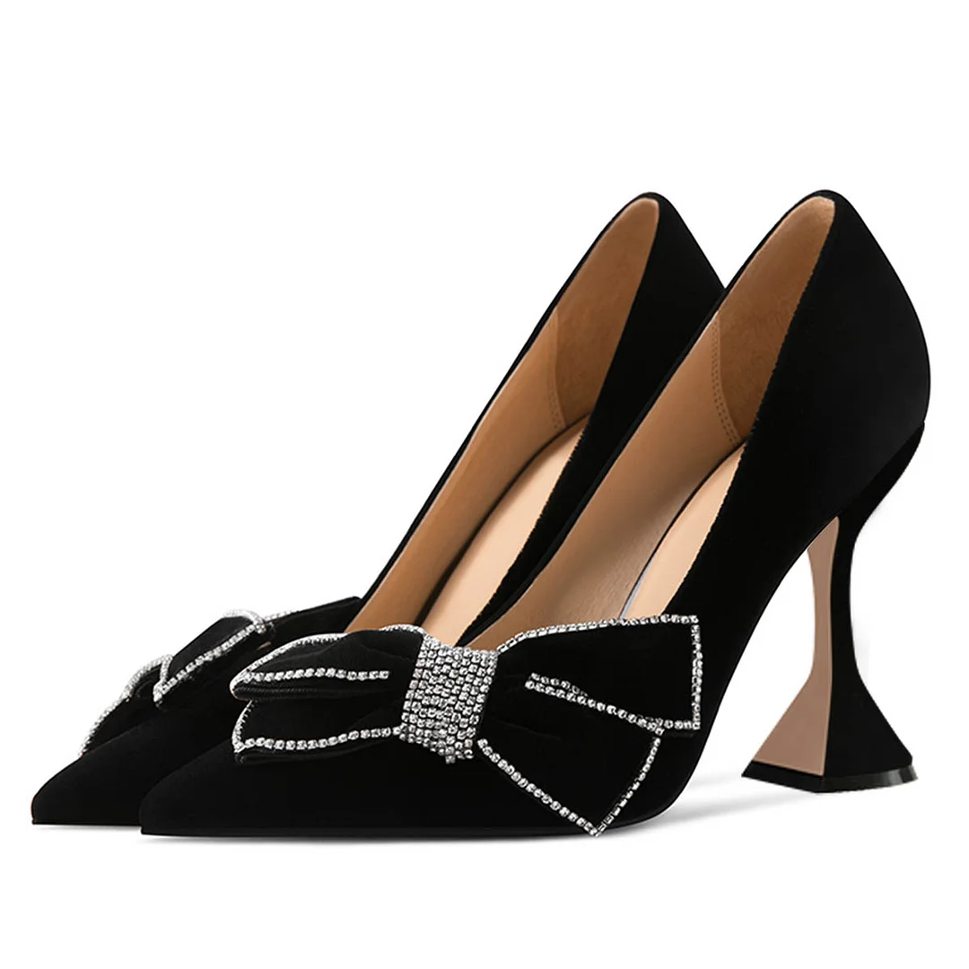 Black Vegan Suede Pumps Shoes Pointed Toe Rhinestone Bow Heels