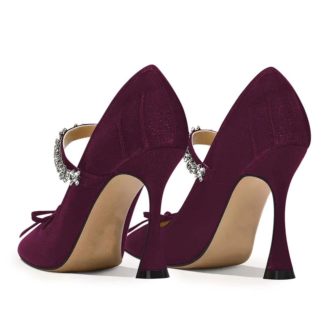 Purple Velvet Rhinestone Flared Heel Square Toe Bow Pumps Shoes