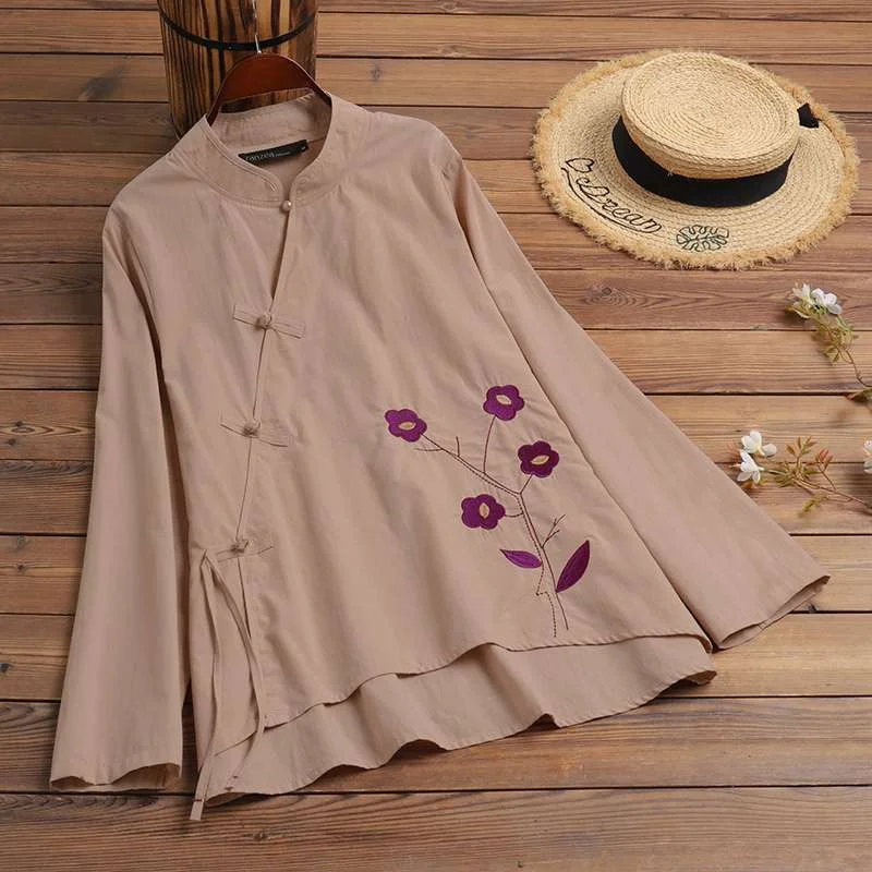 ZANZEA Women Vintage Floral Embroidery Blouse Summer Long Sleeve Buttons Shirt Casual Loose Blusas Chemise  Tops Tunic