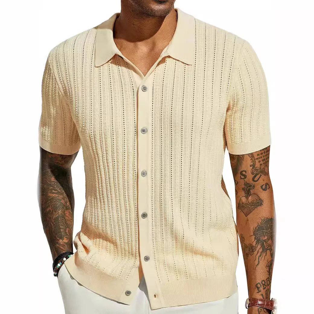Mongw Mongw Men's Casual Knit Shirt Summer New Solid Color Jacket Men's Short Sleeve Lapel Collar Hollow Breathable Men's Wear