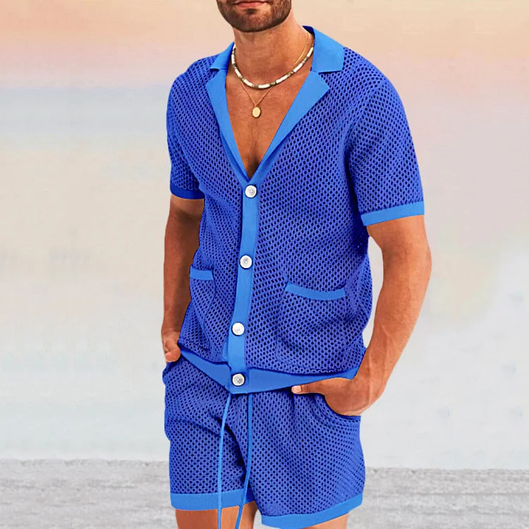 Men's Casual Notch Lapel Three Button Hollow Out Short Sleeve Shirt & Drawstring Shorts 2Pcs Set