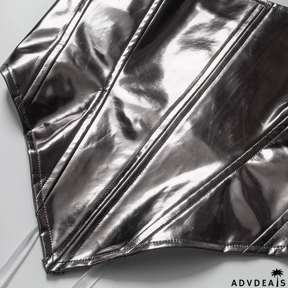 Women Summer Solid Color Sexy Sleeveless Backless Lace-Up PU-Leather Strapless Top