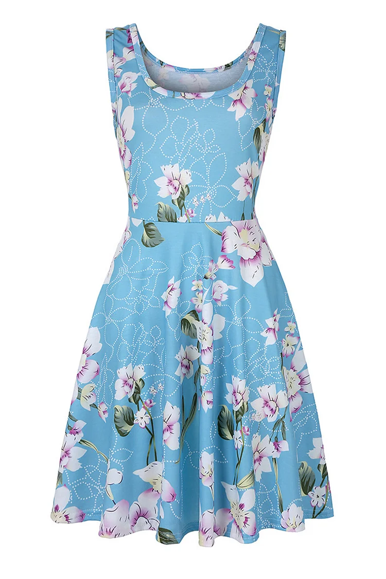1950s Light Blue Casual Floral Print Cami Sleeveless Midi Dress