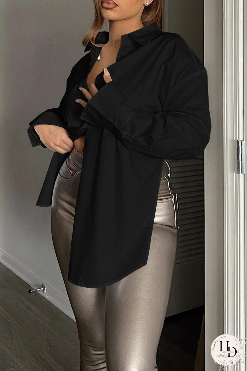 Black Casual Solid Frenulum Backless Asymmetrical Shirt Collar Tops