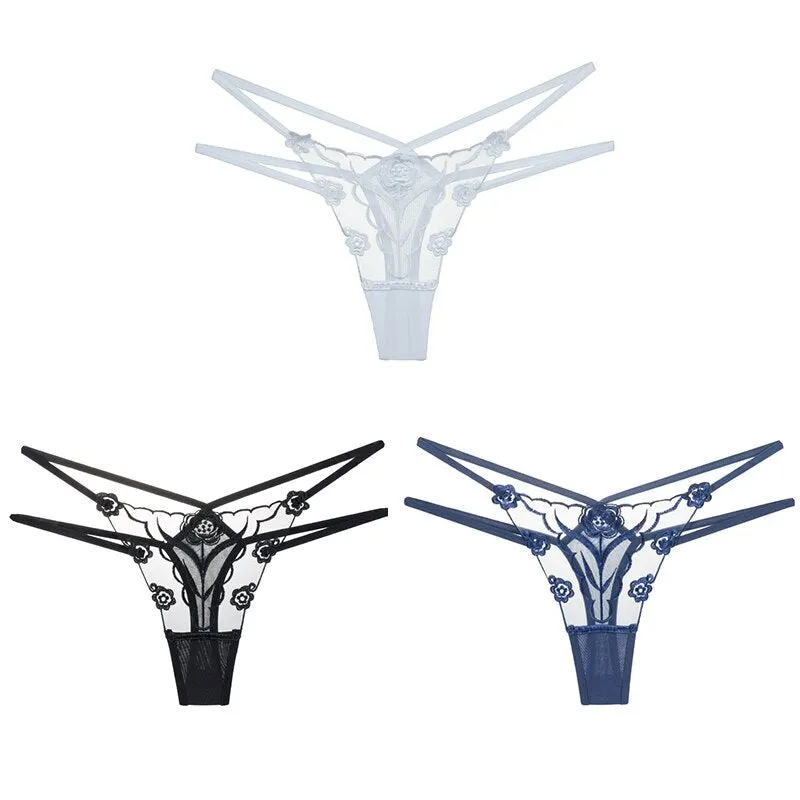 Sexy Lace Floral Thong Ladies Panties Embroidered Hollow Out Lingerie Female Temptation Mesh Perspective G-String 3pcs Underwear