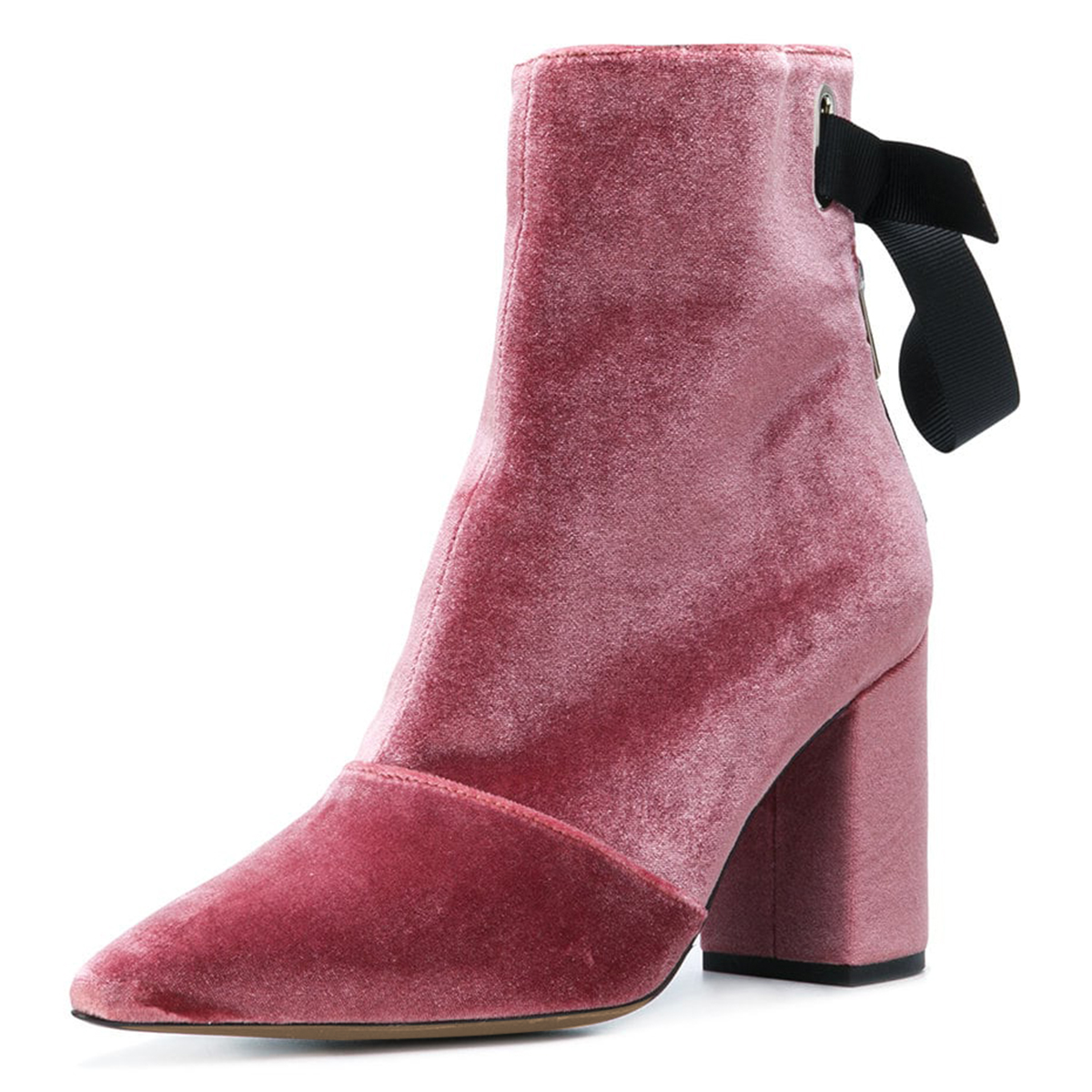GOOSHOE Pink Velvet Back Tie Chunky Heel Pointy Toe Ankle Boots