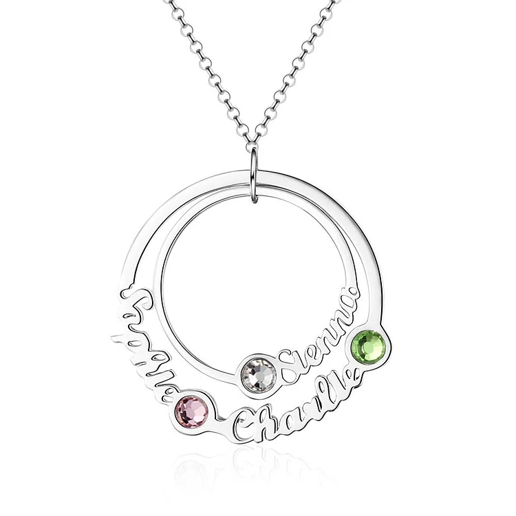 Circle Pendant Necklace with 3 Birthstone Custom 3 Names Personalized Family Necklace Gift For Mom