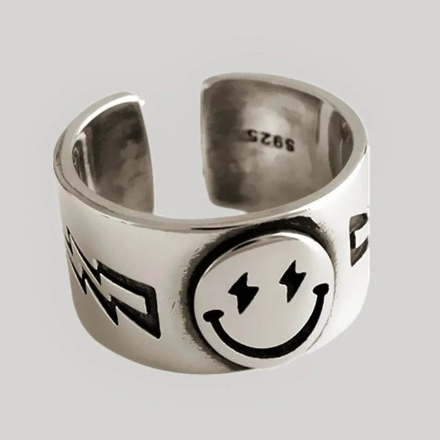 XIYANIKE 925 Sterling Silver Vintage Width Party Rings Creative Classic Smiling Face for Women Size 16mm Adjustable
