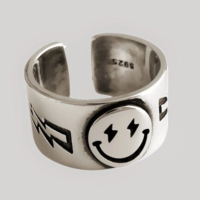 XIYANIKE 925 Sterling Silver Vintage Width Party Rings Creative Classic Smiling Face for Women Size 16mm Adjustable