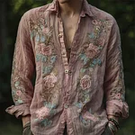 Men's Boho Pink Floral Embroidered Flowy Linen Shirt - Image 2